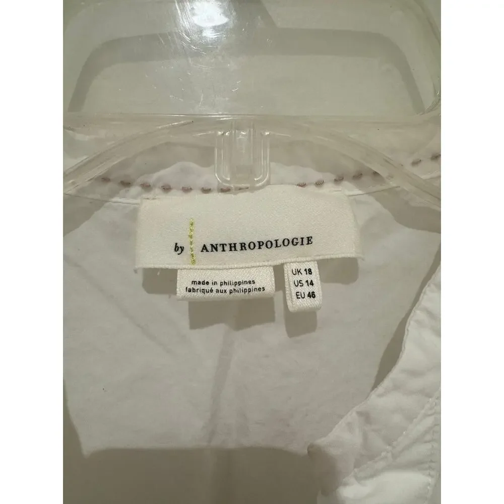 Anthropologie White Cotton Poplin Pintuck Puff Sleeve V-Neck Blouse size 14